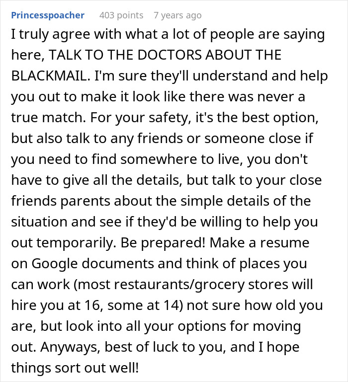 A Reddit comment advising a teen on how to handle the situation after refusing to donate his lung to his mom. A Reddit comment advising a teen on how to handle the situation after refusing to donate his lung to his mom.