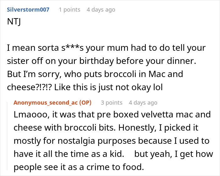 A screenshot of a comment discussing the teen sister crying over food at the birthday dinner, specifically macaroni and cheese.