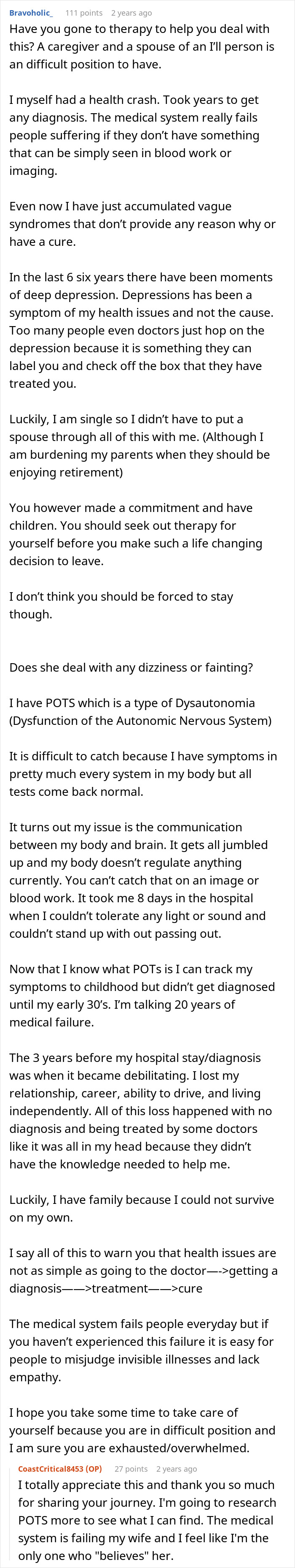 Text discussing a caregiver and spouse in a difficult position, relating to a man carrying the family with a sick wife. He wonders if he can keep going.