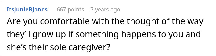 Screenshot of a Reddit comment asking about comfort with a wife as a sole caregiver if she never wanted children.