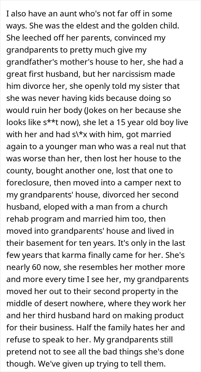 A long comment describing another entitled aunt who tried taking over her late sister's home and job. A long comment describing another entitled aunt who tried taking over her late sister's home and job.