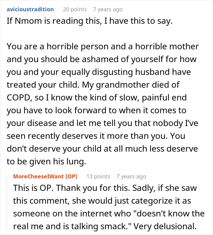 A comment on social media criticizing a mom for pressuring her son to donate his lung, calling her a horrible person. A comment on social media criticizing a mom for pressuring her son to donate his lung, calling her a horrible person.