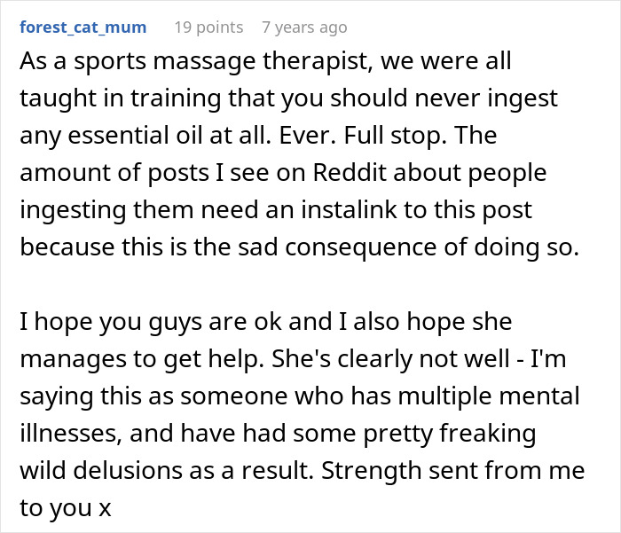 A comment about a crazy MIL who was witching around, warning against ingesting essential oils.
