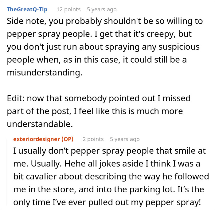 A user comment discussing the use of pepper spray when encountering someone who mistakes a woman for her identical twin. A user comment discussing the use of pepper spray when encountering someone who mistakes a woman for her identical twin.