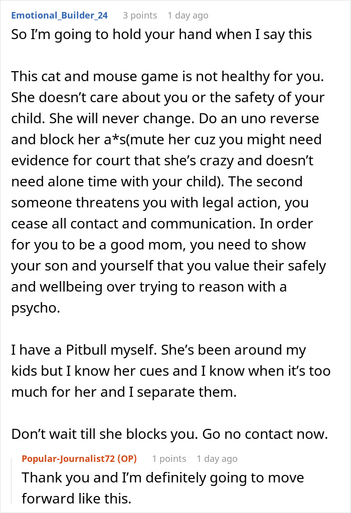 A Reddit thread discussing how a delusional mom threatens to sue her daughter for feeling unsafe around her dog. A Reddit thread discussing how a delusional mom threatens to sue her daughter for feeling unsafe around her dog.