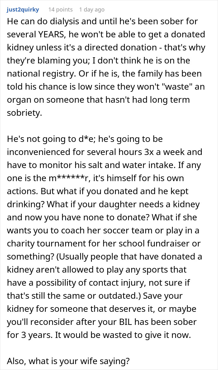 A lengthy comment about the implications of donating a kidney to someone who might continue drinking. A lengthy comment about the implications of donating a kidney to someone who might continue drinking.