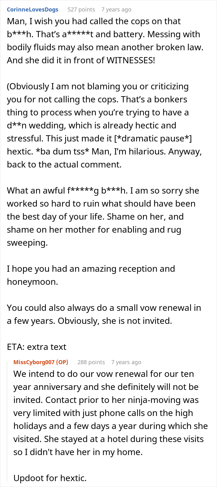 A screenshot of a Reddit user's comment about the MIL and her witching around, suggesting calling the cops.