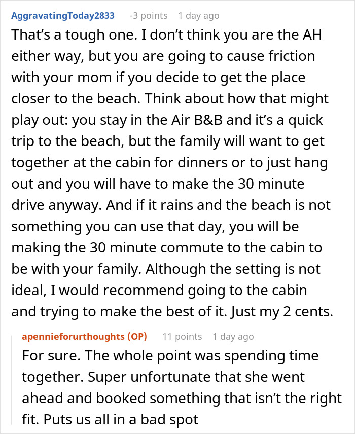 Reddit comment about a mom's travel plans. User recommends making the best of the mom's chosen travel arrangements.