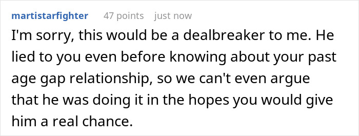 A comment discussing a guy who pretends to be younger, and his GF being horrified and confused about the truth. A comment discussing a guy who pretends to be younger, and his GF being horrified and confused about the truth.