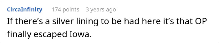 A comment expressing relief that the woman escaped Iowa, following her future mother-in-law's attempt to stop the marriage.