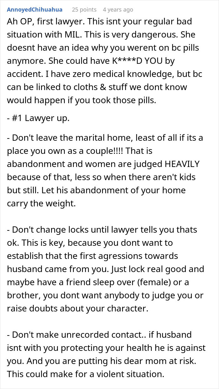Detailed legal advice for the woman whose mother-in-law tried to make her have kids by tampering with pills.