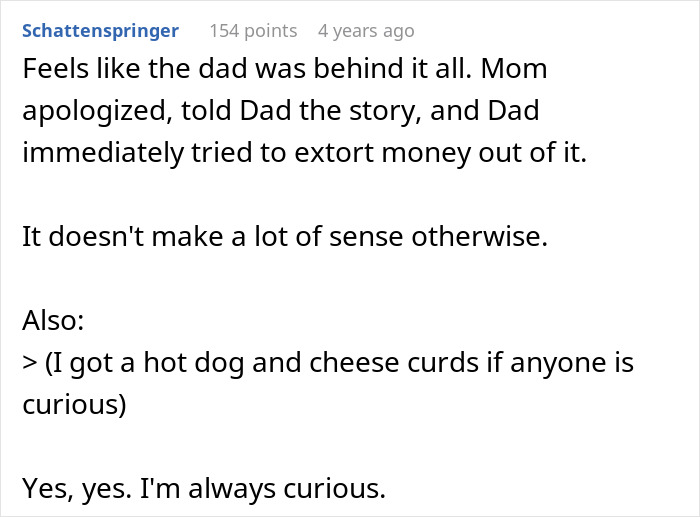 A social media comment describing a dog owner's worst nightmare where the neighbor's parents try to extort money. A social media comment describing a dog owner's worst nightmare where the neighbor's parents try to extort money.