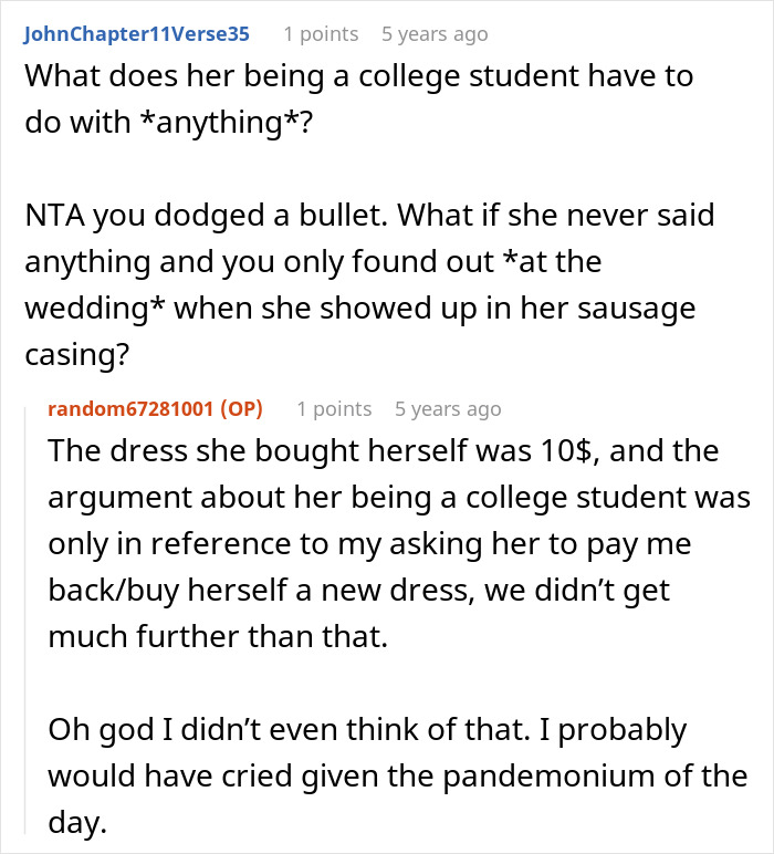 A screenshot of a Reddit comment section with users discussing a MOH replacing a wedding dress. A screenshot of a Reddit comment section with users discussing a MOH replacing a wedding dress.