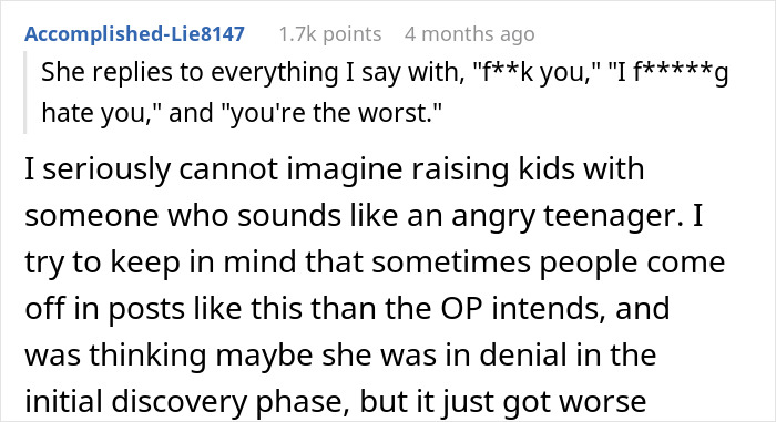A comment describing a postpartum wife's a*****e language, making her husband horrified by her lack of empathy for his cancer.