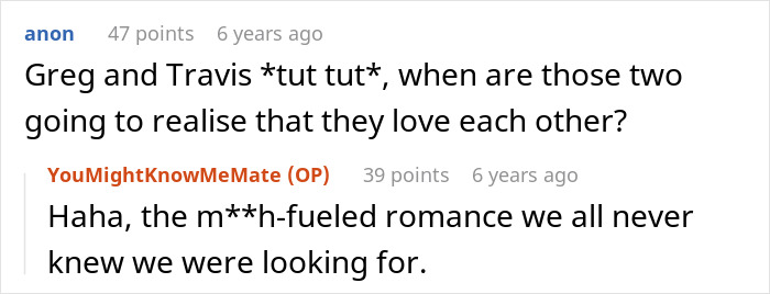 A screenshot of comments discussing a woman's nightmare neighbor, with humorous remarks about a 'm**h-fueled romance'.