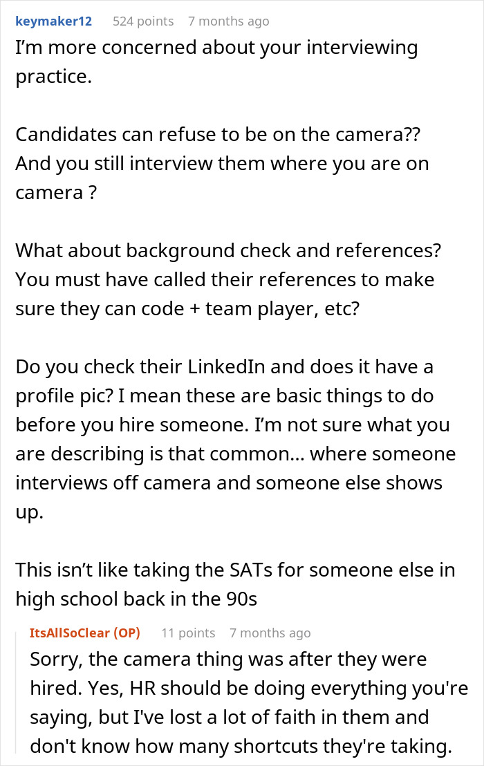 A software engineer finds out about a new hiring scam. The image shows a comment questioning the interviewing practice.
