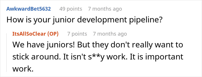A Reddit comment section showing a discussion between users about a junior development pipeline and a new hiring scam.