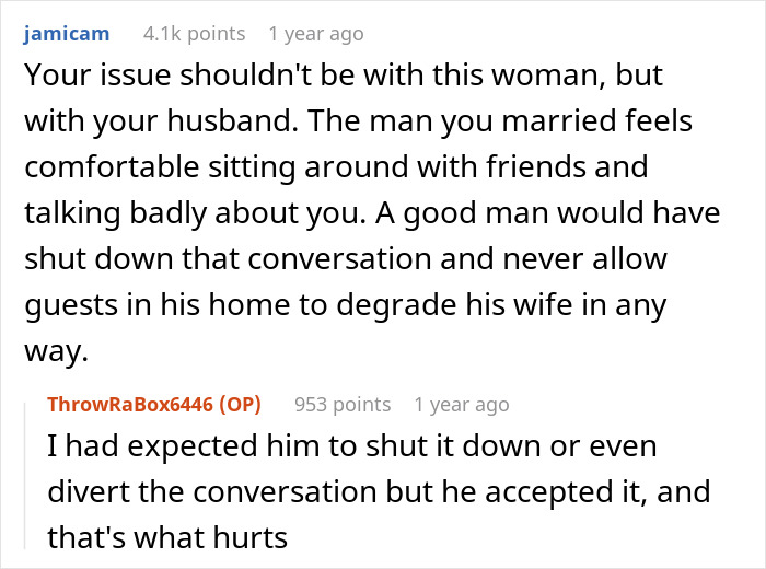 A screenshot of a comment stating the issue is with the husband, not the ex, after seeing old pics. A screenshot of a comment stating the issue is with the husband, not the ex, after seeing old pics.