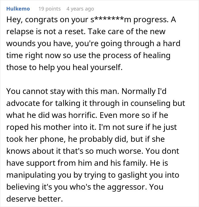 A comment on a social media post about a boyfriend's cruel prank, advising the girlfriend to leave him. A comment on a social media post about a boyfriend's cruel prank, advising the girlfriend to leave him.