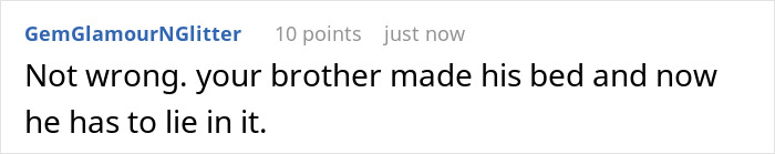 A comment on Delulu Mom who keeps Dad's family away from kid, implying the brother made his own bed.