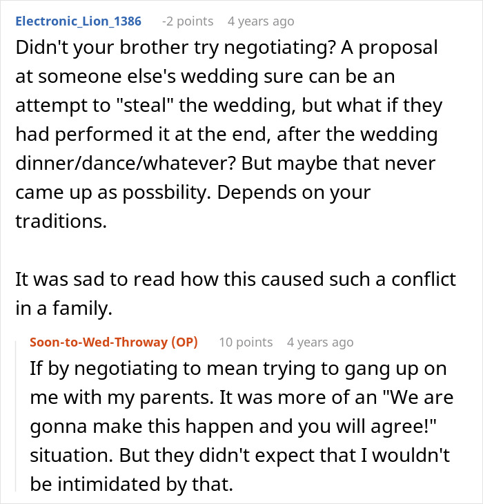 A screenshot showing more comments about the entitled man and his brother's wedding proposal plan.