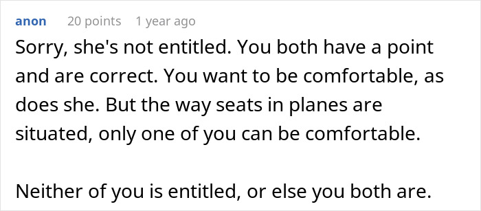 A comment discussing the conflict of comfort regarding reclining on an overnight flight, saying neither is entitled.