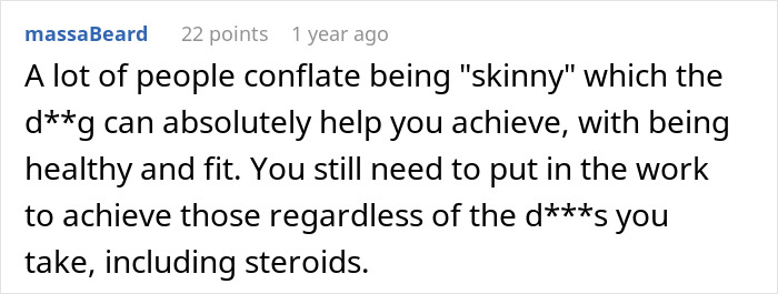 A comment discussing the conflation of skinny with healthy and fit, pertinent to the woman chasing the perfect body.