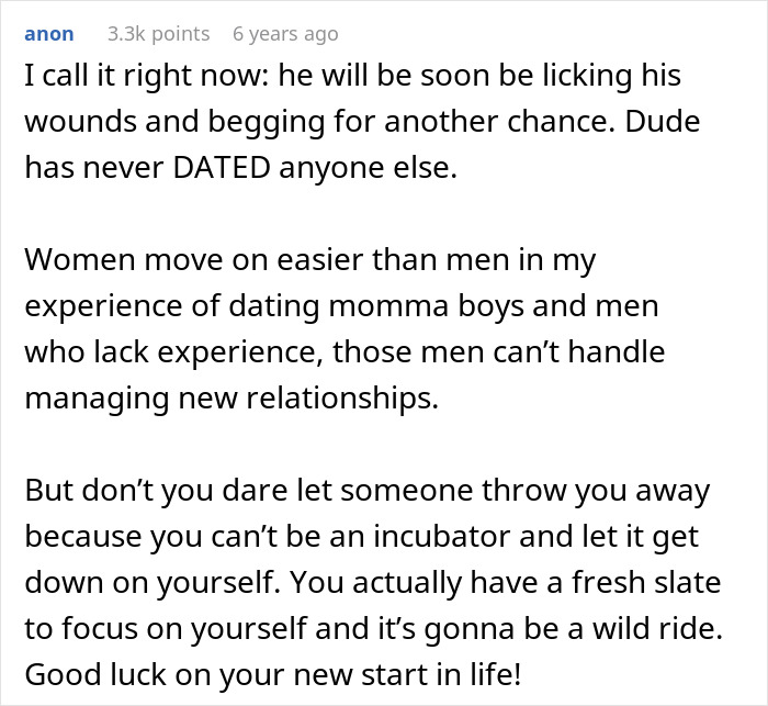 A comment supports the woman called defective by her future mother-in-law, encouraging her new start.