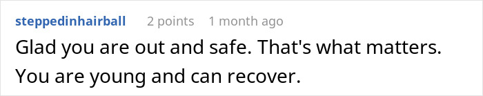 A comment offering reassurance to a woman, stating she is safe and can recover after her fiancé's response about football. A comment offering reassurance to a woman, stating she is safe and can recover after her fiancé's response about football.