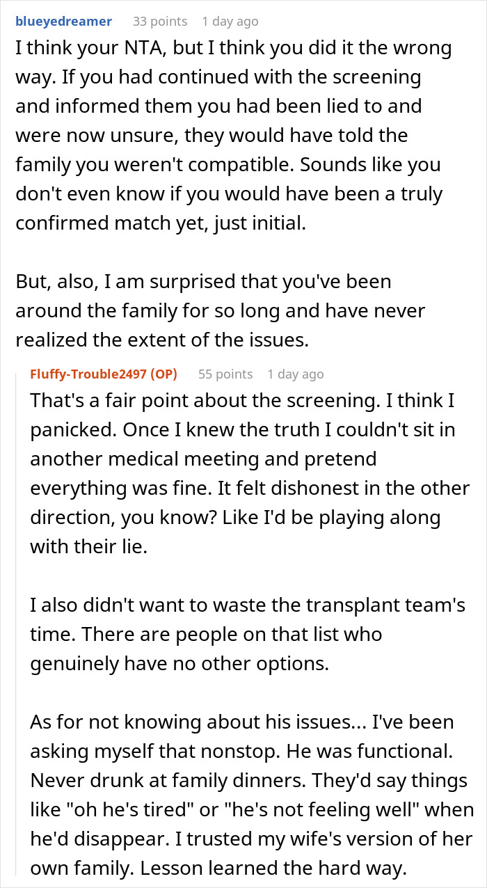 Reddit comment debating the approach to withdrawing from donating a kidney to BIL, and the impact of the family's deception. Reddit comment debating the approach to withdrawing from donating a kidney to BIL, and the impact of the family's deception.