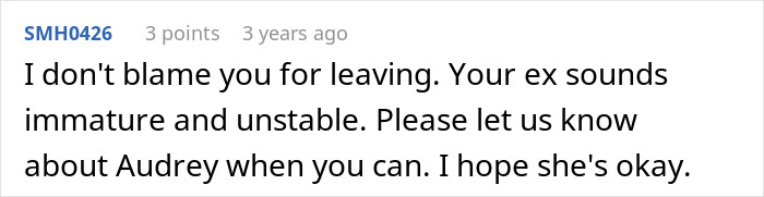 An online comment from a user named SMH0426 expressing concern for Audrey after her cheating ex.