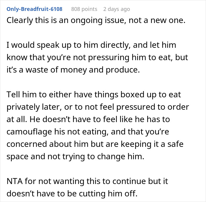 Daughter defends BF's bizarre costly dinner table habit, with a user giving advice on direct communication about food waste. Daughter defends BF's bizarre costly dinner table habit, with a user giving advice on direct communication about food waste.