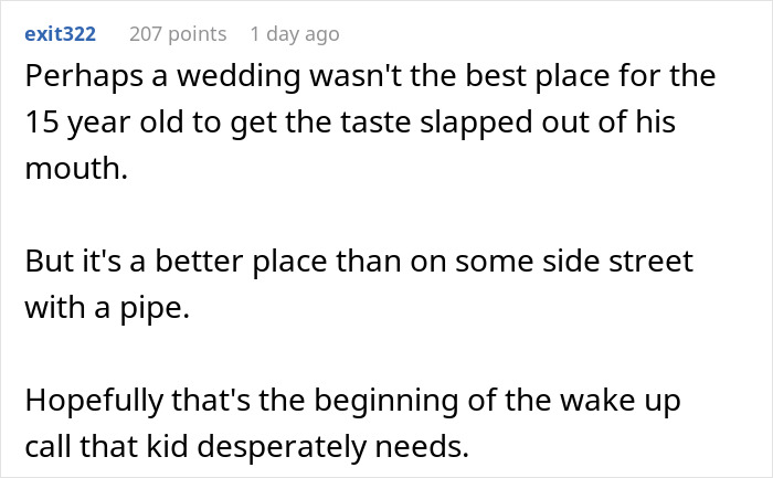 A Reddit comment suggesting a wedding as a wake-up call for the bro wearing a dress. A Reddit comment suggesting a wedding as a wake-up call for the bro wearing a dress.