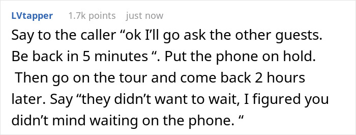 A Reddit comment describing how to handle entitled tourists who make everyone wait for them, by making them wait. A Reddit comment describing how to handle entitled tourists who make everyone wait for them, by making them wait.
