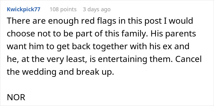 A comment about red flags, advising to cancel the wedding and break up, for a woman rethinking her engagement.
