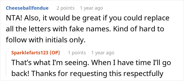 A screenshot of a Reddit comment asking for fake names to follow the serial cheater story. A screenshot of a Reddit comment asking for fake names to follow the serial cheater story.