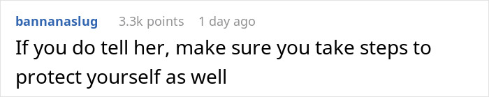 A screenshot of a Reddit comment advising the woman to protect herself if she tells the pregnant wife about the cheater.