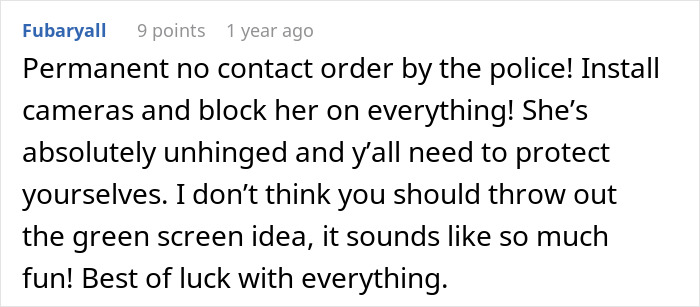 A comment advises a permanent no-contact order against the woman with a scary fixation over the groom.