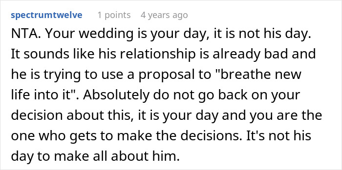 A comment from spectrumtwelve, advising against an entitled man proposing at his brother's wedding.