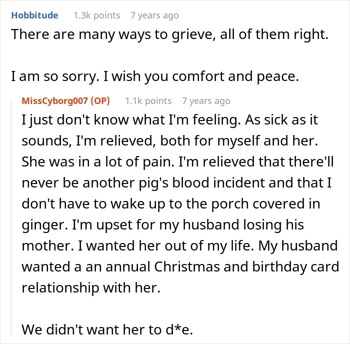 A screenshot of a Reddit comment section, discussing the d***h of a crazy MIL after her most recent potion.