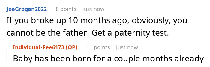 A Reddit comment about an ex ending a relationship by text and naming a man as baby's dad via official paperwork. A Reddit comment about an ex ending a relationship by text and naming a man as baby's dad via official paperwork.