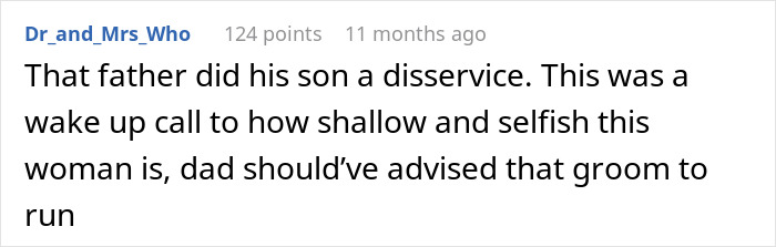 A user comment on a social media post discussing the bride's messed up request and the groom's future.