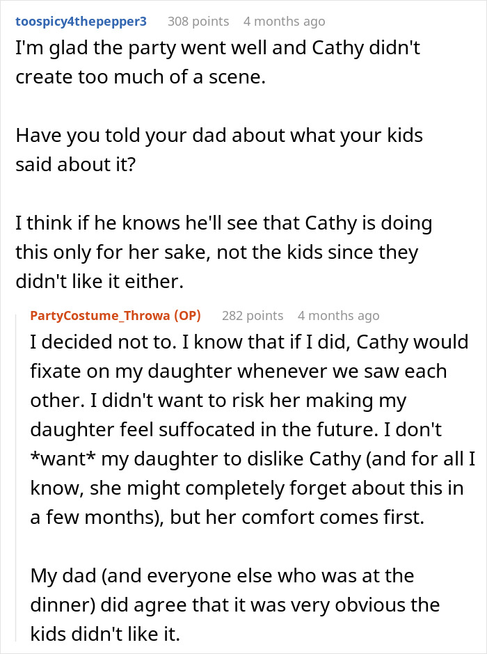 Reddit comment about the party going well and Cathy not creating a scene. Stepmom K-pop character, kid's birthday. Reddit comment about the party going well and Cathy not creating a scene. Stepmom K-pop character, kid's birthday.