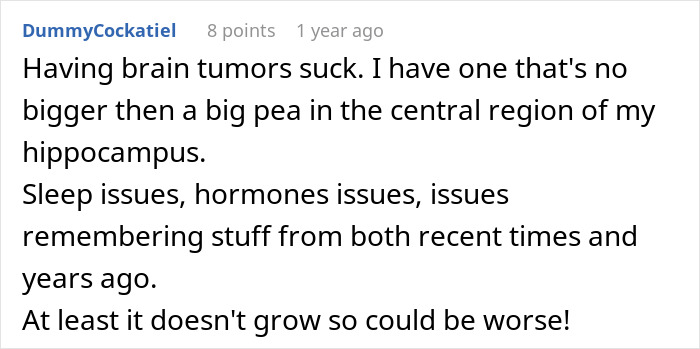 A user's comment about living with a brain tumor and its impact on sleep and memory.