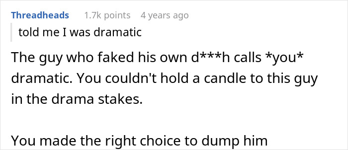 A screenshot of a comment calling out the boyfriend's dramatic behavior after a cruel prank. A screenshot of a comment calling out the boyfriend's dramatic behavior after a cruel prank.