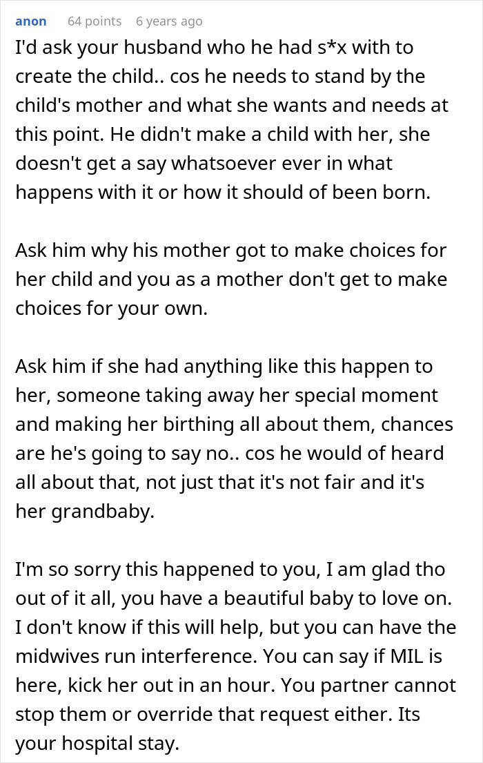 A comment advising the new mom to confront her husband about his MIL's delivery room intrusion and set boundaries. A comment advising the new mom to confront her husband about his MIL's delivery room intrusion and set boundaries.