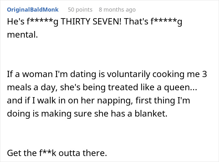 A user comment indicating that the boyfriend's behavior with the pan is a true crime story waiting to happen.