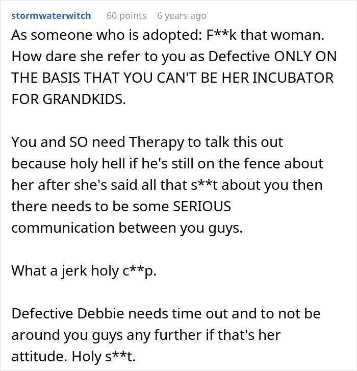 A Reddit comment from an adopted person strongly reacting to the future mother-in-law calling the woman defective.