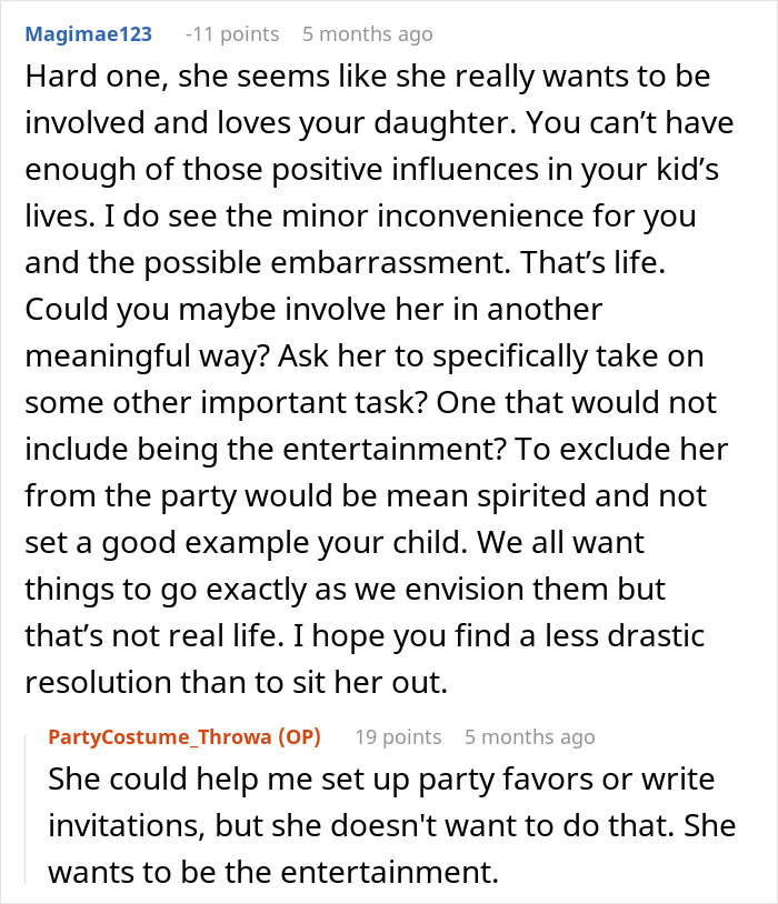 A Reddit comment suggesting the stepmom be involved in other ways at the kid's birthday, not as the K-pop character. A Reddit comment suggesting the stepmom be involved in other ways at the kid's birthday, not as the K-pop character.