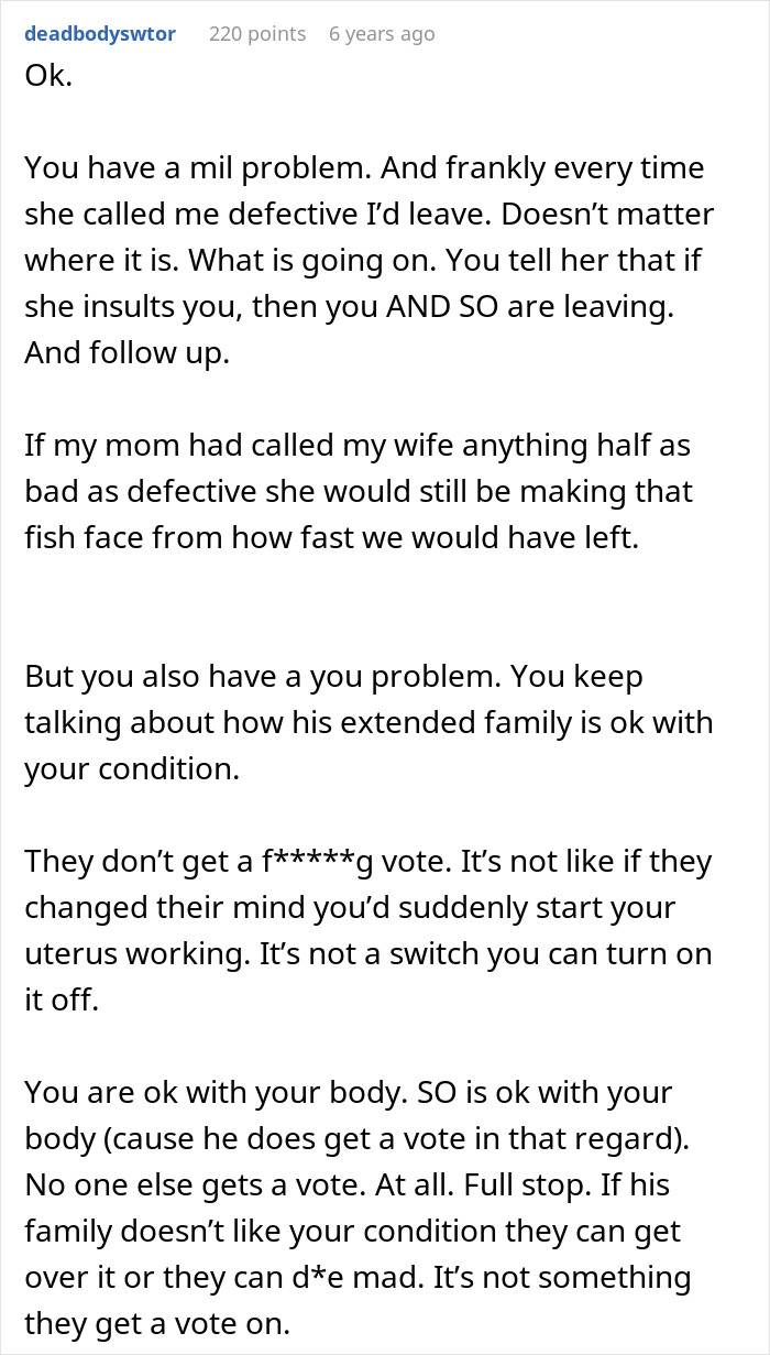 A Reddit comment advising the woman about her future mother-in-law's insults and her condition.